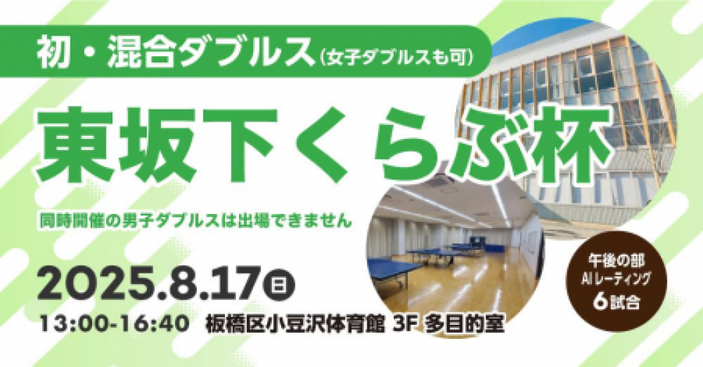 『初・混合ダブルス(女性ダブルス可)』８月１７日(日)13時、東坂下くらぶ杯板橋区小豆沢体育館３F多目的室の会～その１