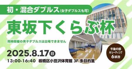『初・混合ダブルス(女性ダブルス可)』８月１７日(日)13時、東坂下くらぶ杯板橋区小豆沢体育館３F多目的室の会～その１