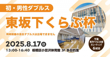 『初・男性ダブルス』８月１７日(日)13時、東坂下くらぶ杯(男性ダブルス)板橋区小豆沢体育館３F多目的室の会～その１
