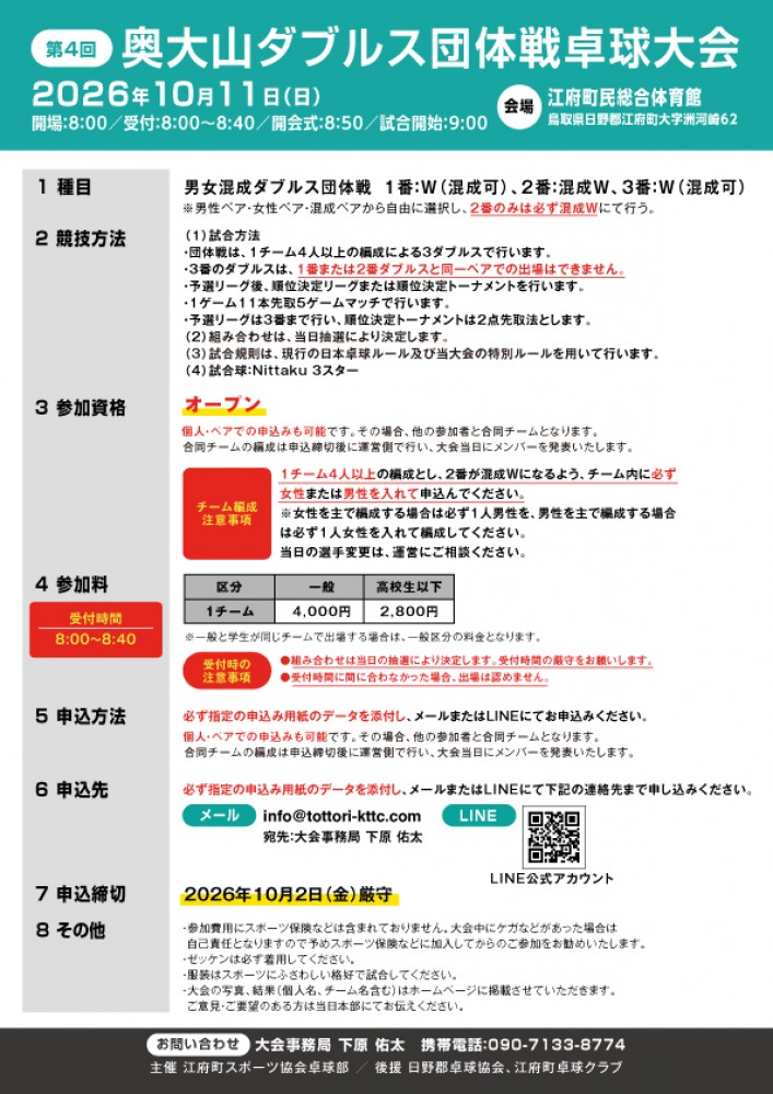 第4回 奥大山ダブルス団体戦卓球大会