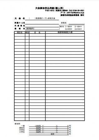 冬季彦根オープン卓球大会（個人の部）