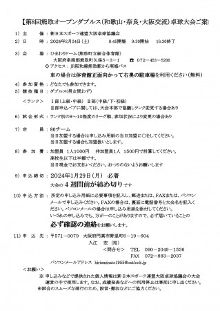 第8回熊取オープンダブルス（和歌山・奈良・大阪交流）卓球大会
