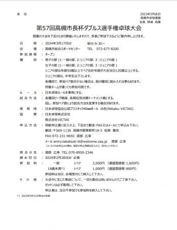 第57回高槻市⻑杯ダブルス選手権卓球⼤会