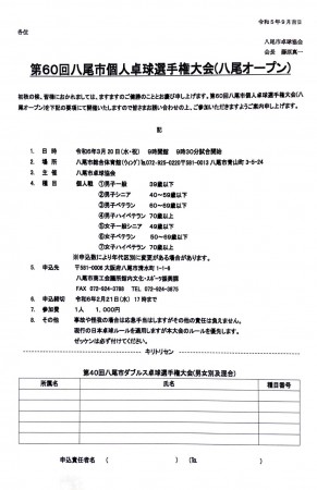 第60回八尾市個人卓球選手権大会（八尾オープン）